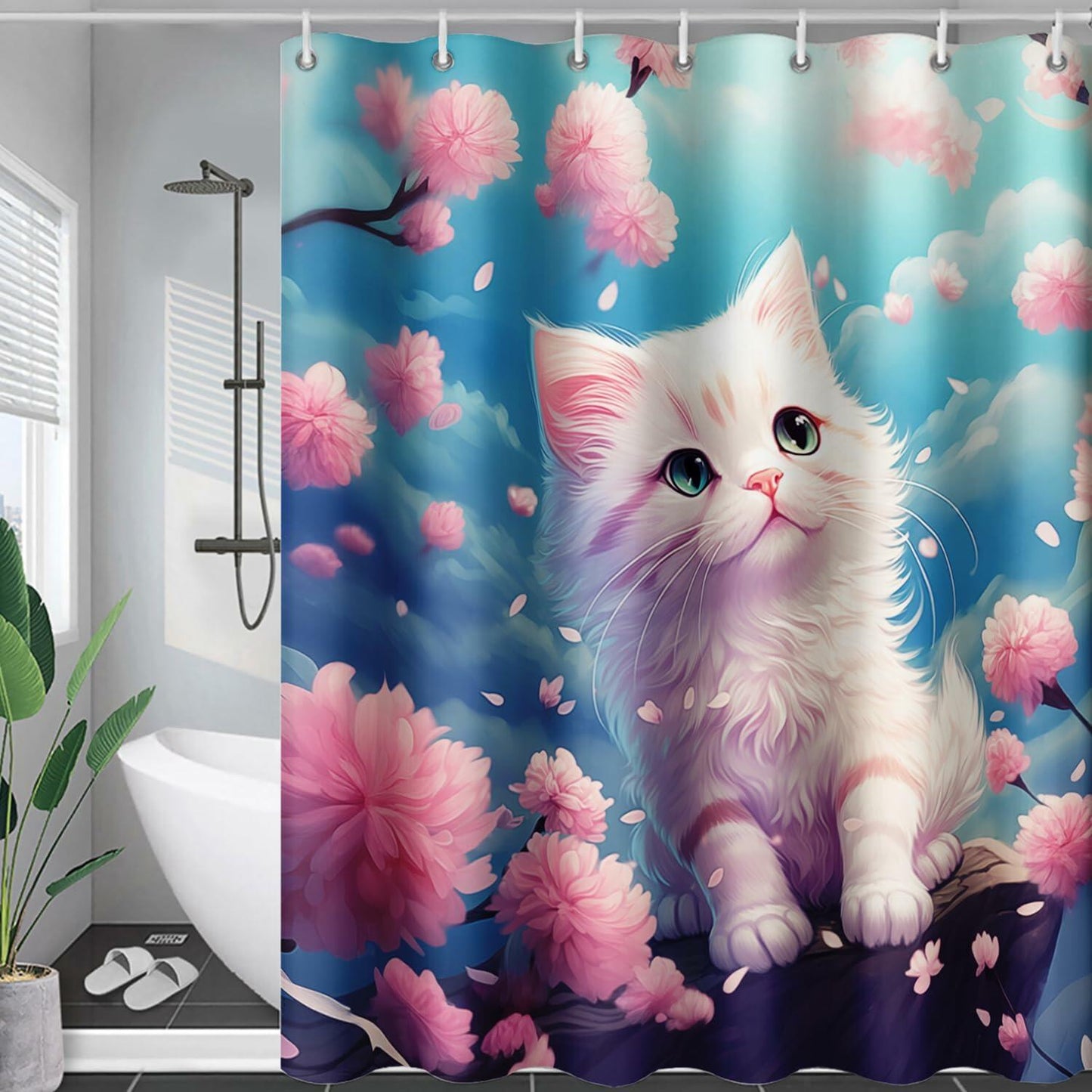 AILONEN 3D Printed White Kitten Shower Curtain 72x84 Blue Pink Floral Hooks