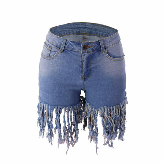 Weigou Women Denim Shorts High Waisted Tassels Frayed Raw Hem Light Blue Size S