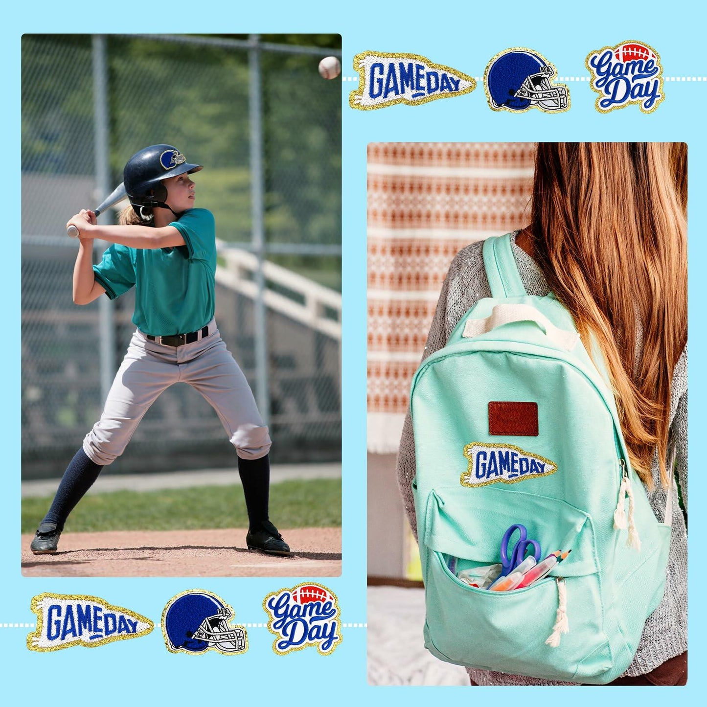 Tmtains Football Helmet Iron-On Patches Blue 6Pc Embroidered Game Day