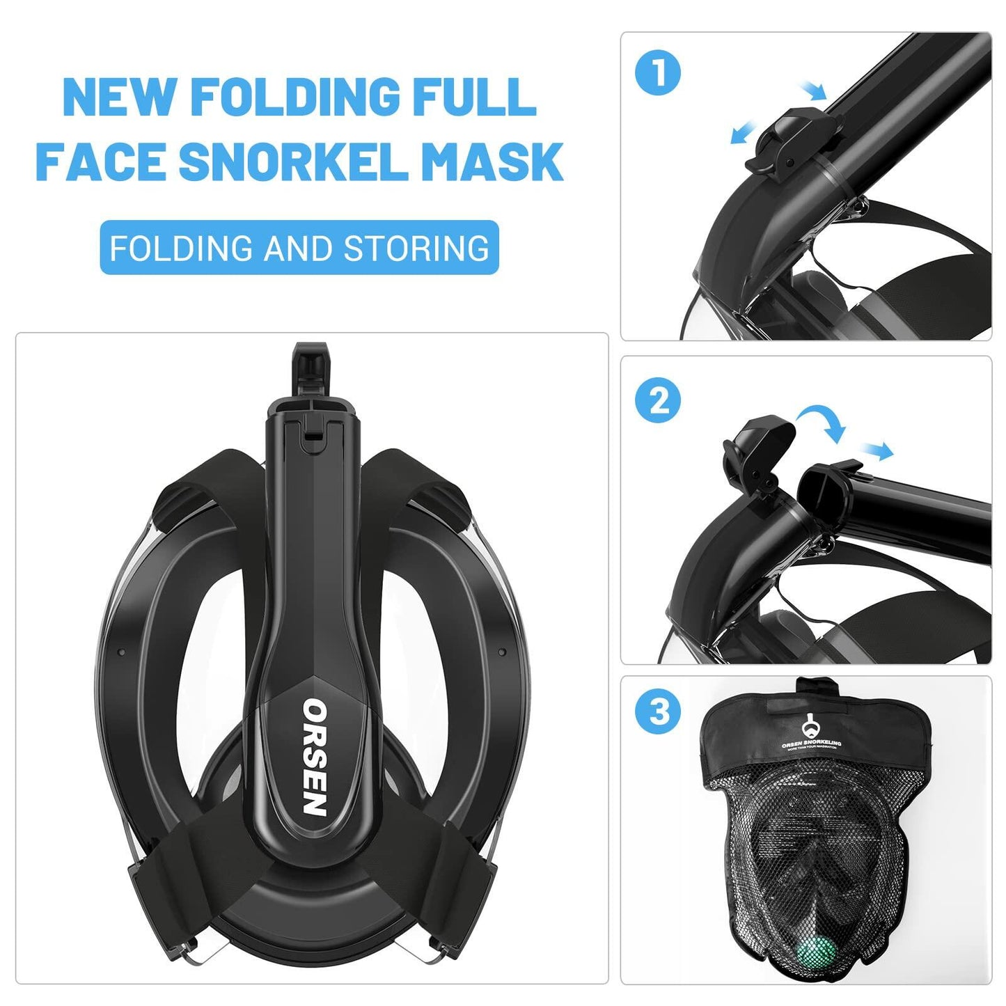 [Like New] ORSEN Full Face Snorkel Mask Adult SGS Certified Anti-Fog Black