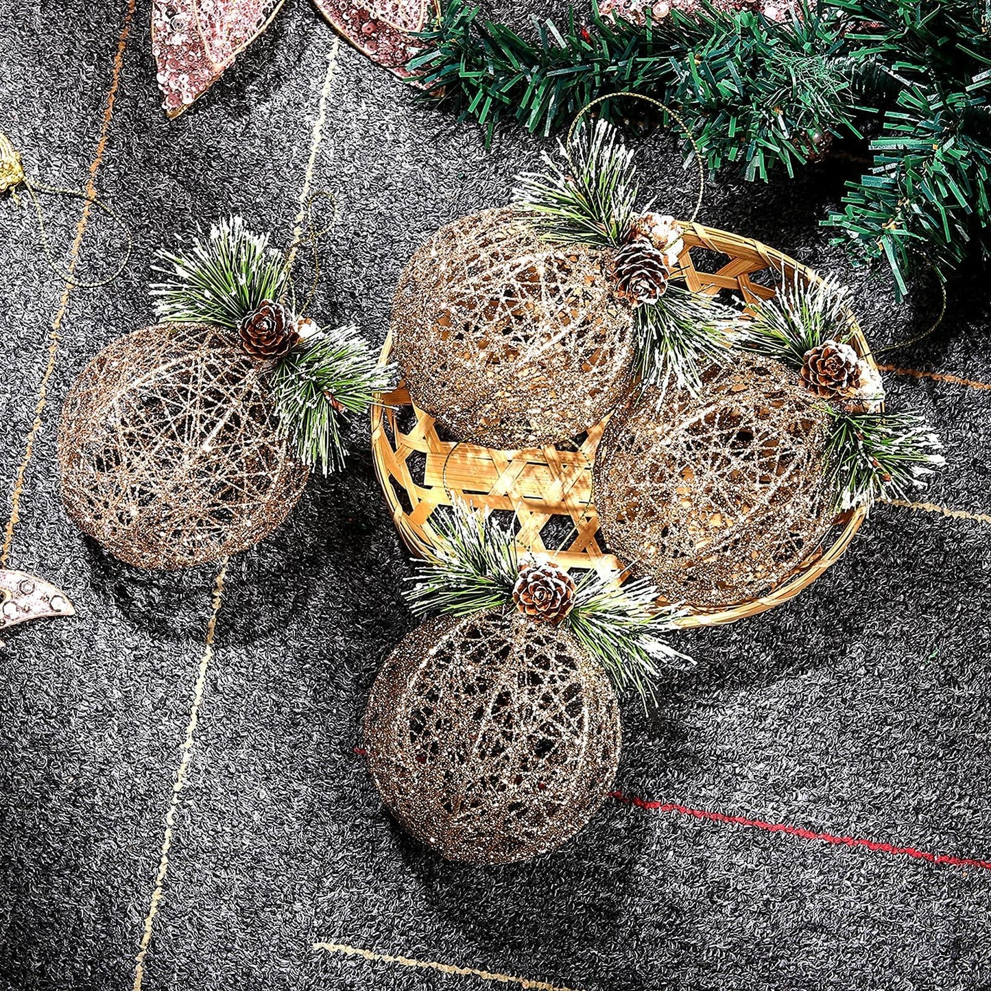 [Like New] Christmas Ball Ornaments 4pc Set Champagne Pinecone Rattan String