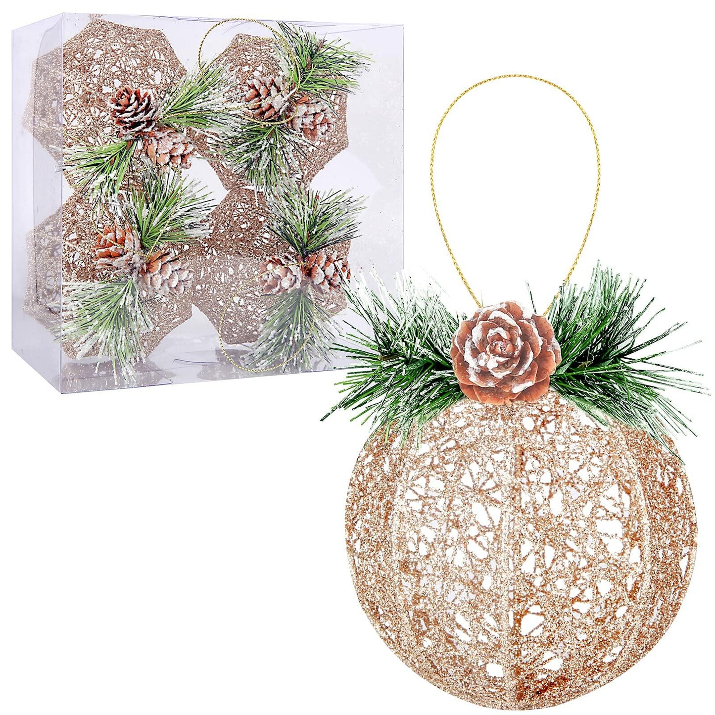 [Like New] Christmas Ball Ornaments 4pc Set Champagne Pinecone Rattan String