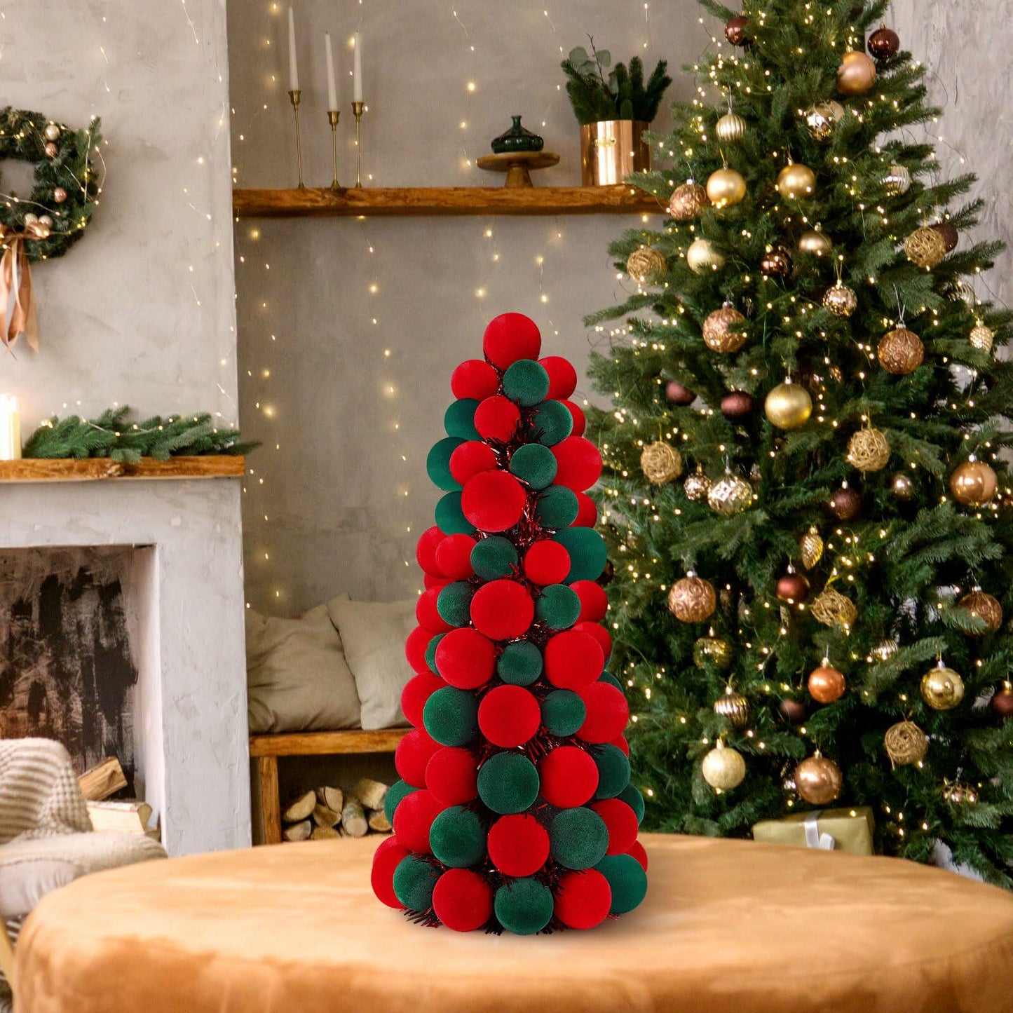 [Like_new] Motionchic 16" Velvet Christmas Ball Mini Cone Tree Red Green
