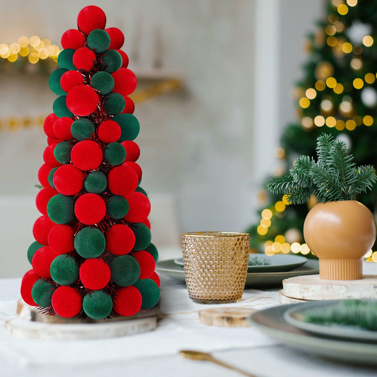 [Like_new] Motionchic 16" Velvet Christmas Ball Mini Cone Tree Red Green