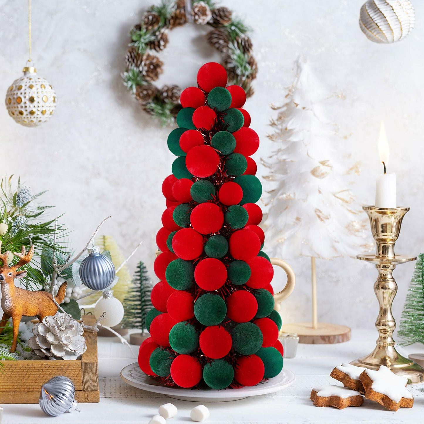 [Like_new] Motionchic 16" Velvet Christmas Ball Mini Cone Tree Red Green