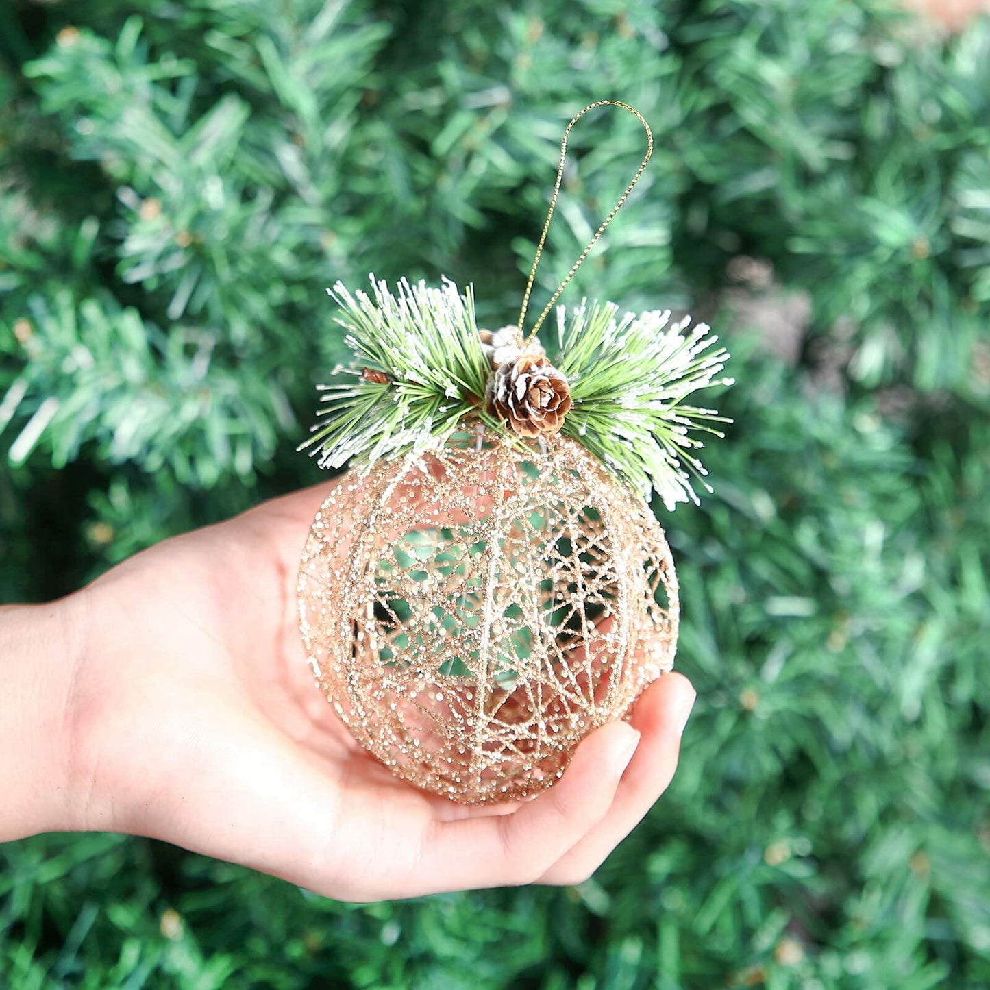 [Like New] Christmas Ball Ornaments 4pc Set Champagne Pinecone Rattan String