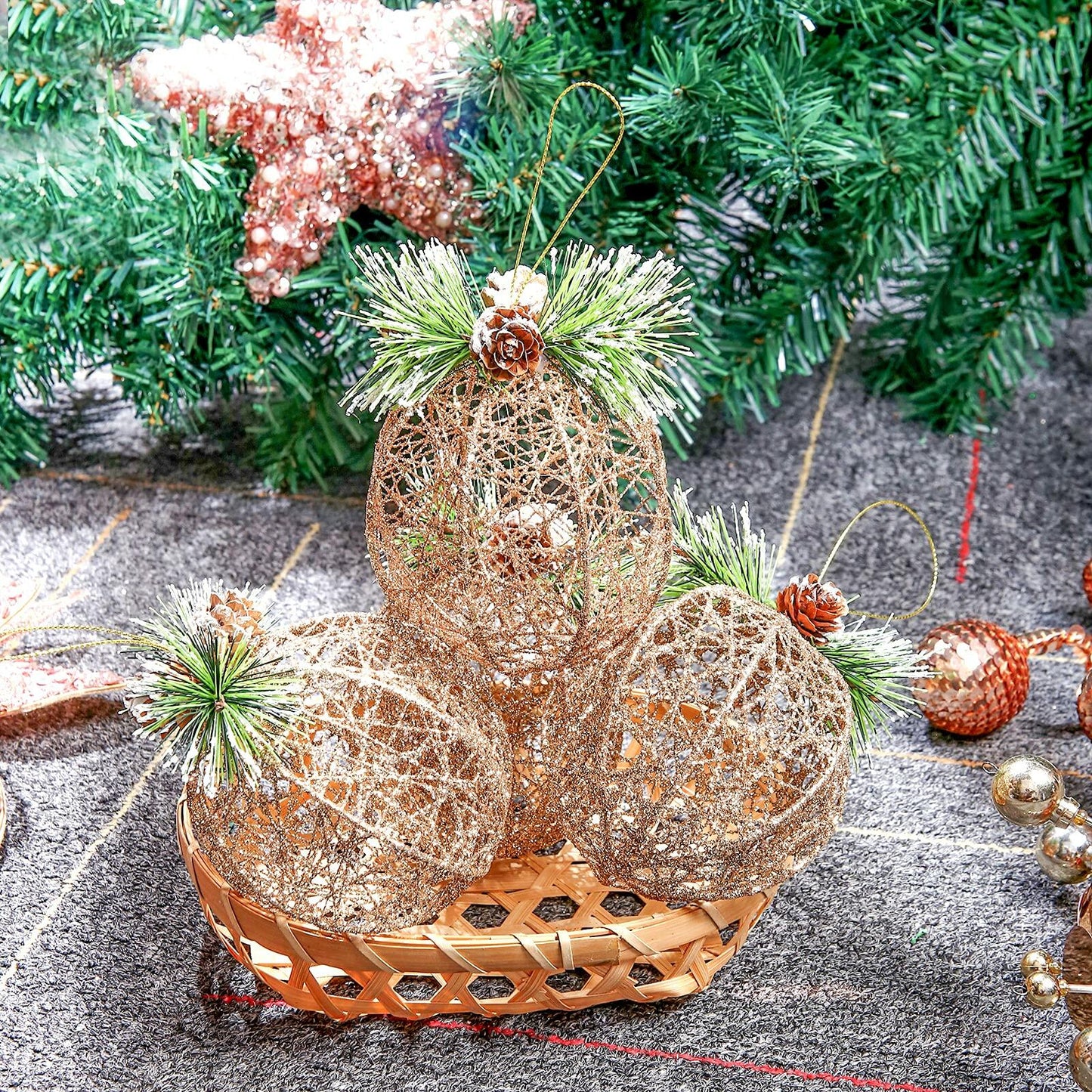 [Like New] Christmas Ball Ornaments 4pc Set Champagne Pinecone Rattan String