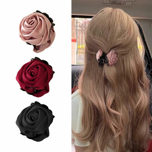 Boxkat Satin Rose Flower Jaw Clips 3 Pc Pink Red Black Hair Accessories