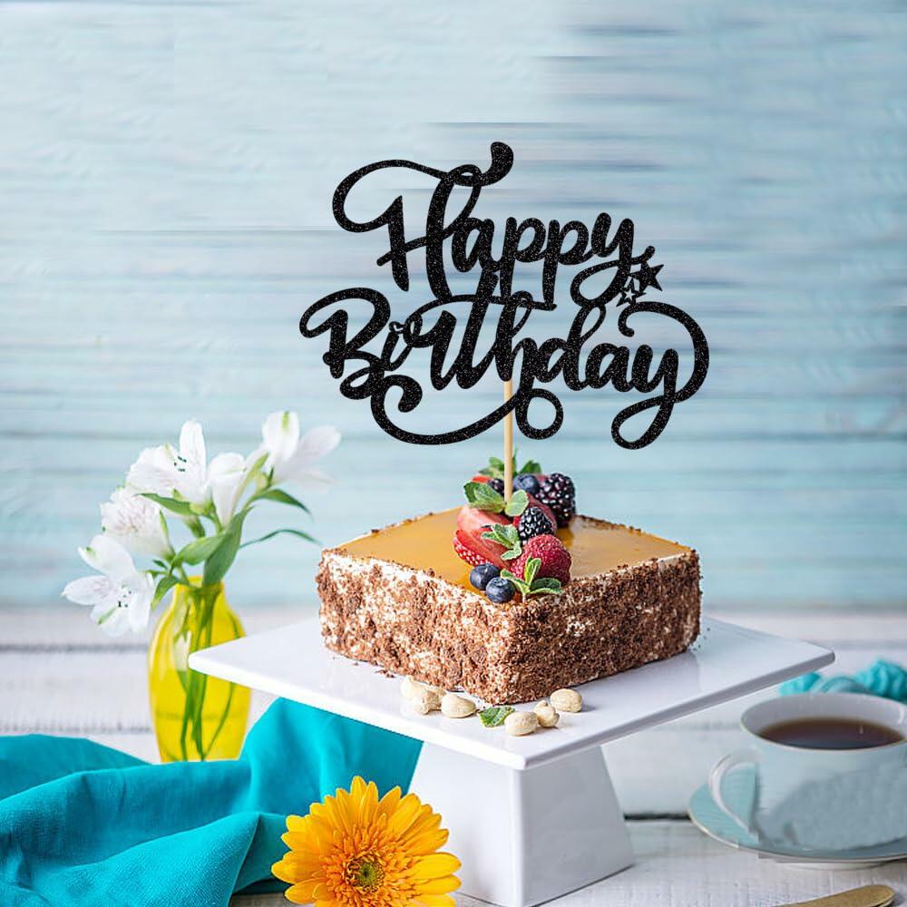 Crseniny Happy Birthday Cake Topper Black Glitter Party Decoration
