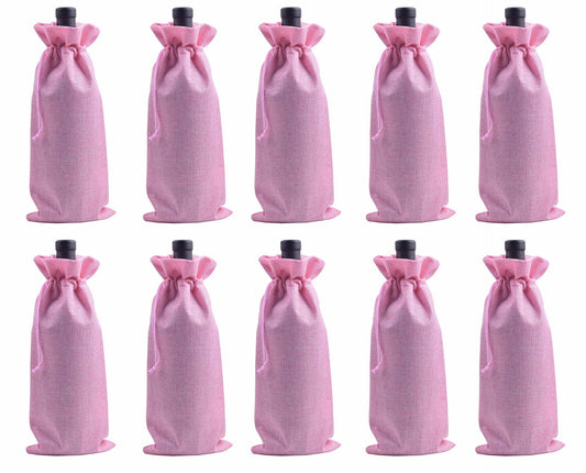Viamto 10pcs Pink Burlap Wine Bags Drawstring Lining 15x35cm Gift Pouches