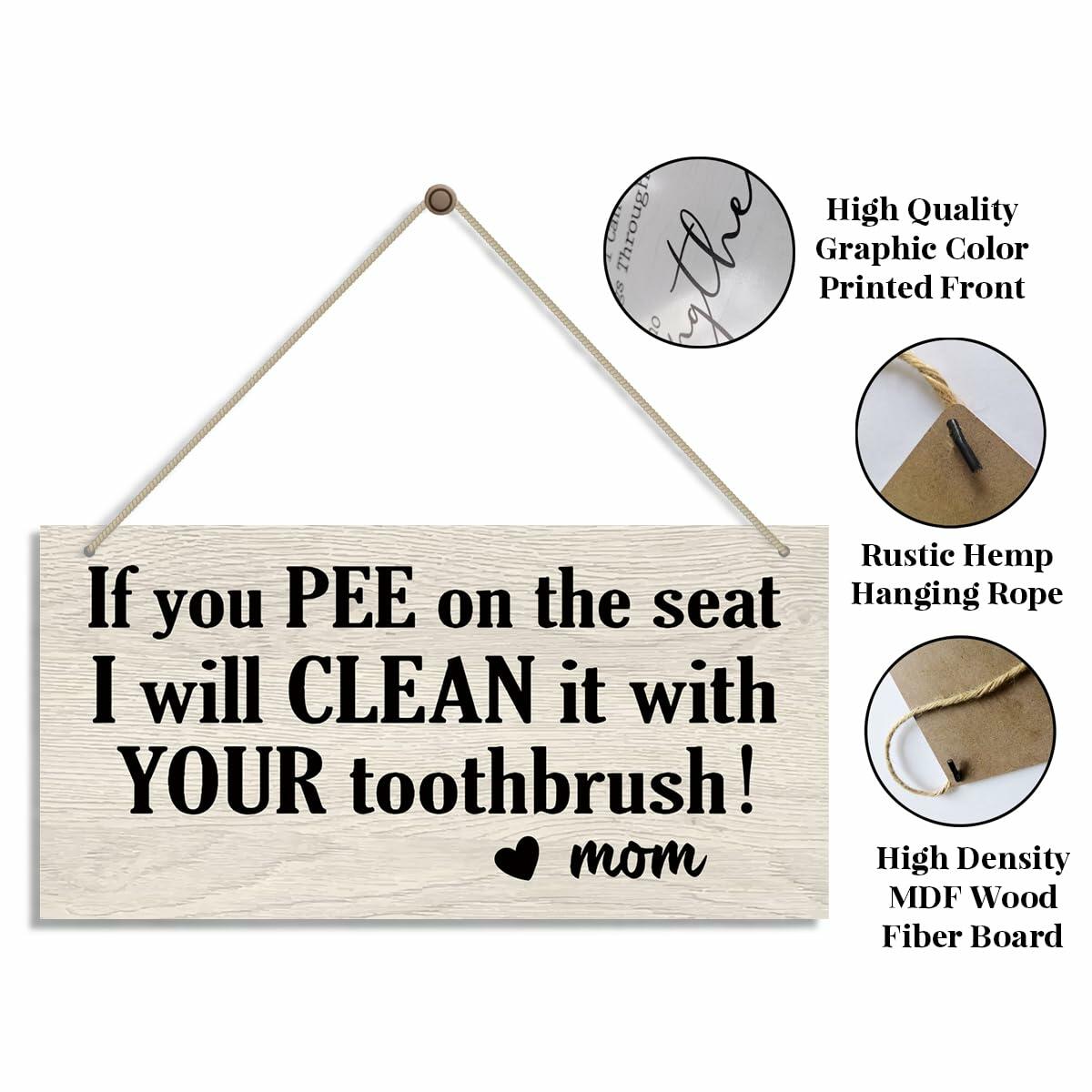 Bathroom Decor Hanging Wood Plaque with Rope Farmhouse Style Wall Sign