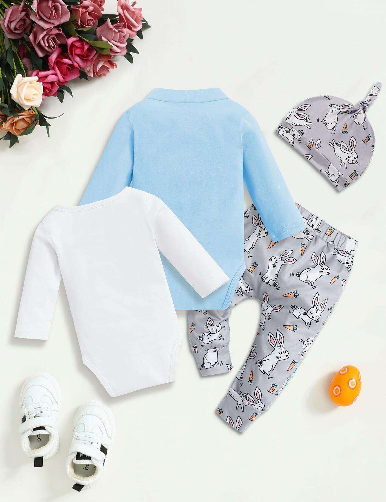 FoWear Baby Boy Easter Outfit Romper Rabbit Print Pants 4PCS Size 0-3M