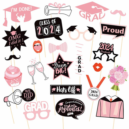 Graduation Photo Booth Props 24Pcs Party Supplies 2024 Class Congrats Grad