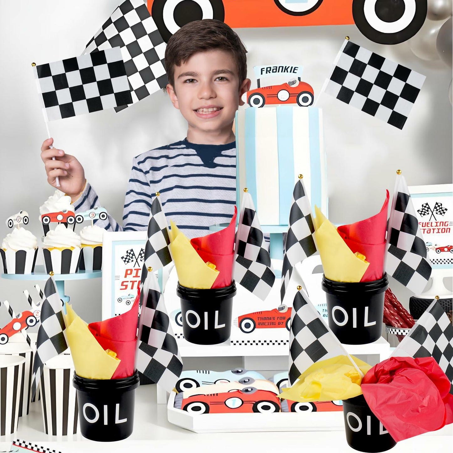 [Like New] HFYZZ Racing Table Centerpieces Set of 8 with Flags Buckets Stickers