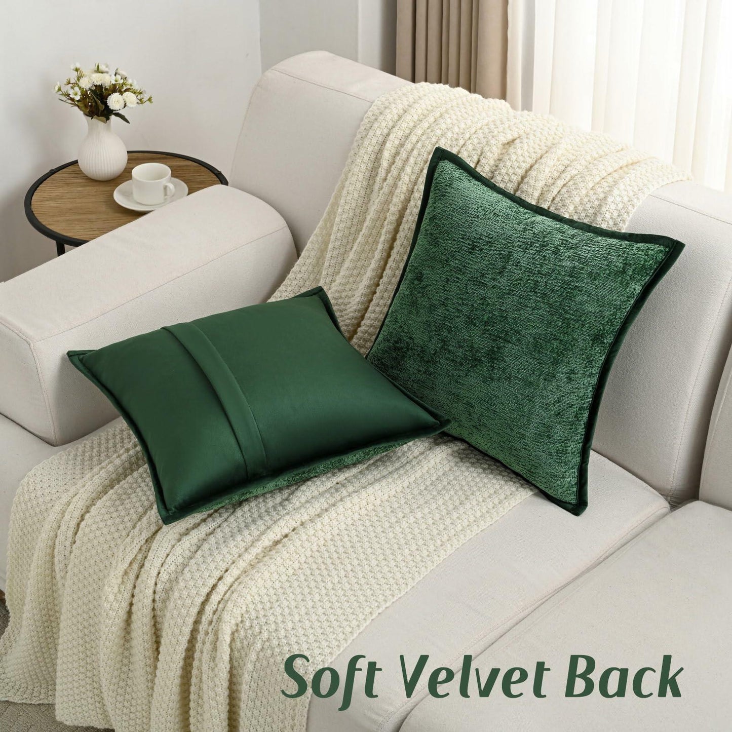 [Like_new] FUTEI Dark Green Chenille Throw Pillow Covers Set of 2 26x26 Inch Euro Sham