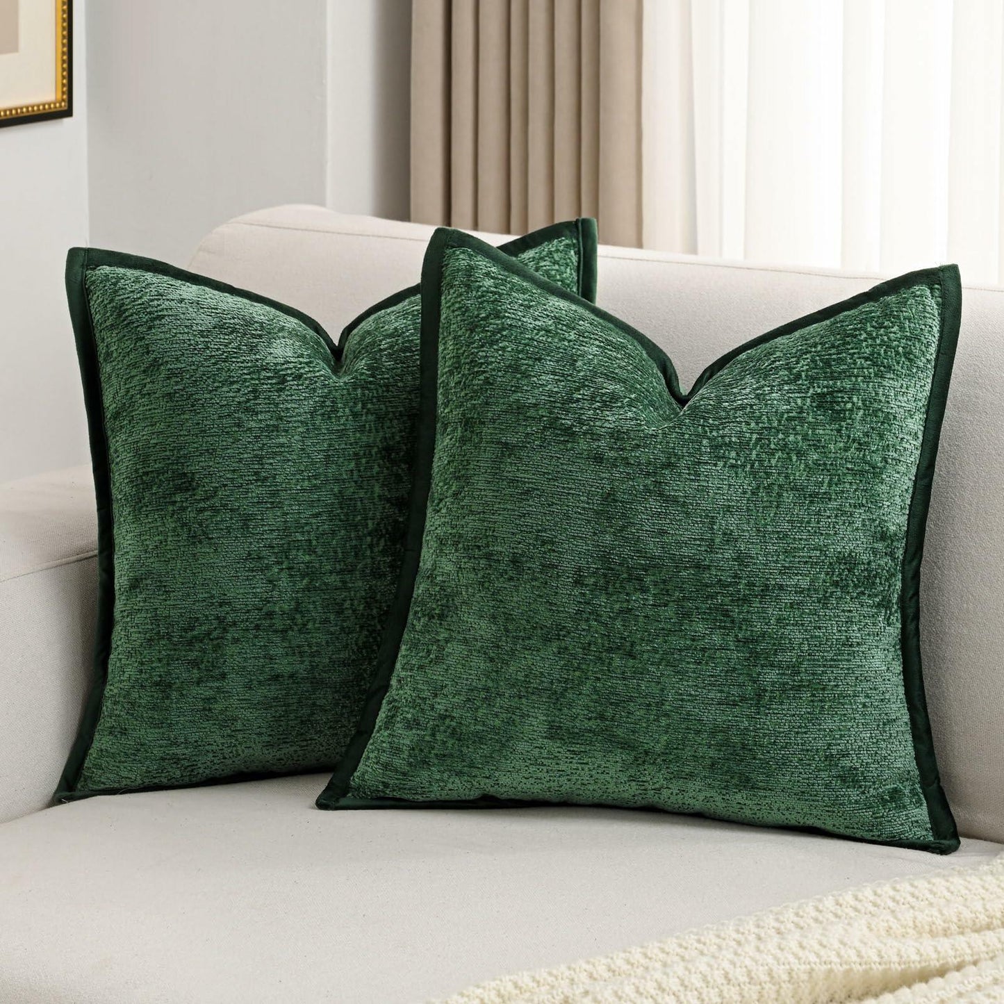 [Like_new] FUTEI Dark Green Chenille Throw Pillow Covers Set of 2 26x26 Inch Euro Sham