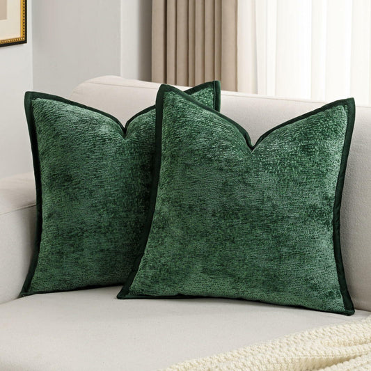 [Like_new] FUTEI Dark Green Chenille Throw Pillow Covers Set of 2 26x26 Inch Euro Sham