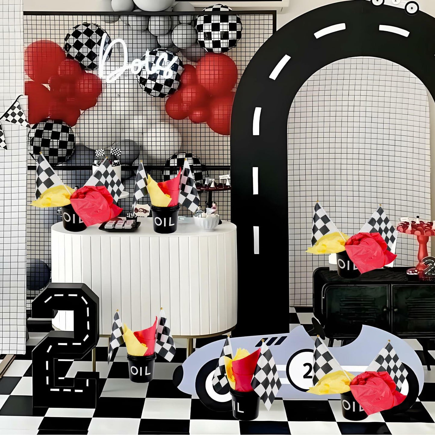 [Like New] HFYZZ Racing Table Centerpieces Set of 8 with Flags Buckets Stickers