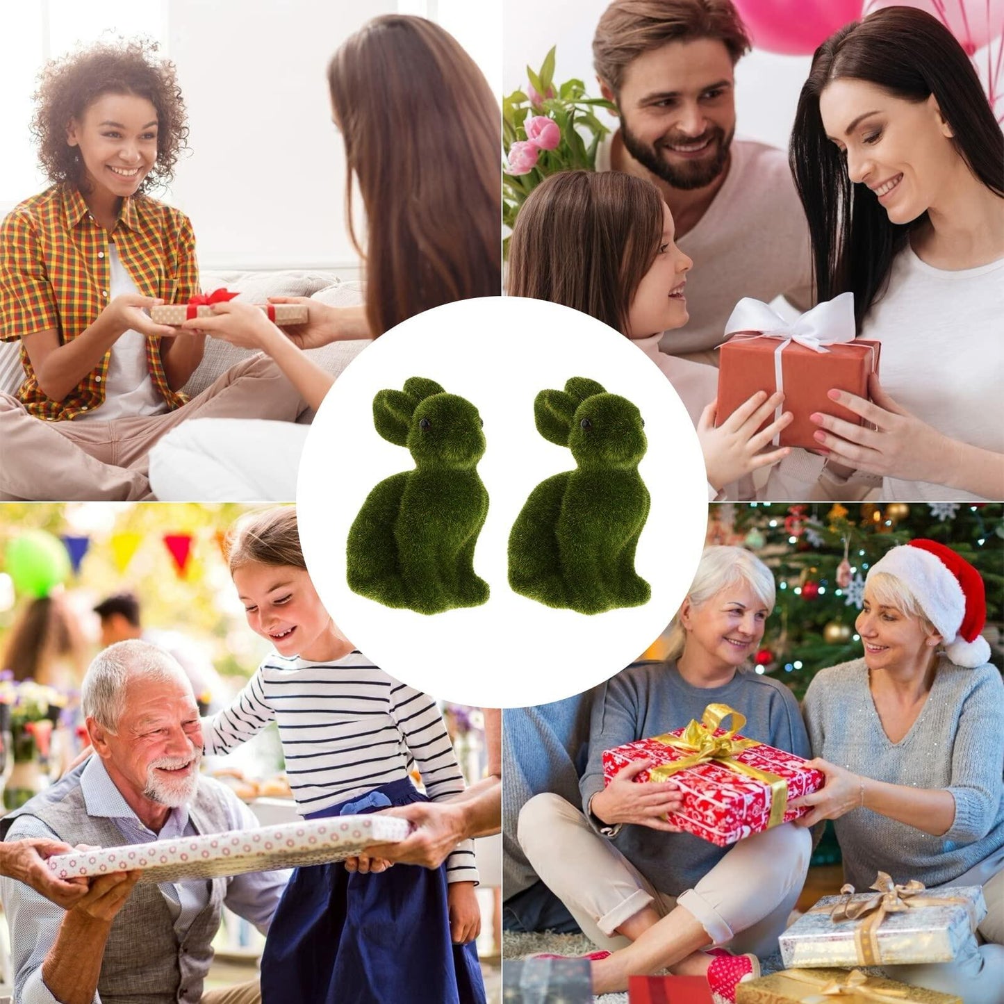 [Like New] WINOMO Easter Bunny Figurine Sculpture Green 2Pcs Flocked Rabbit Decor