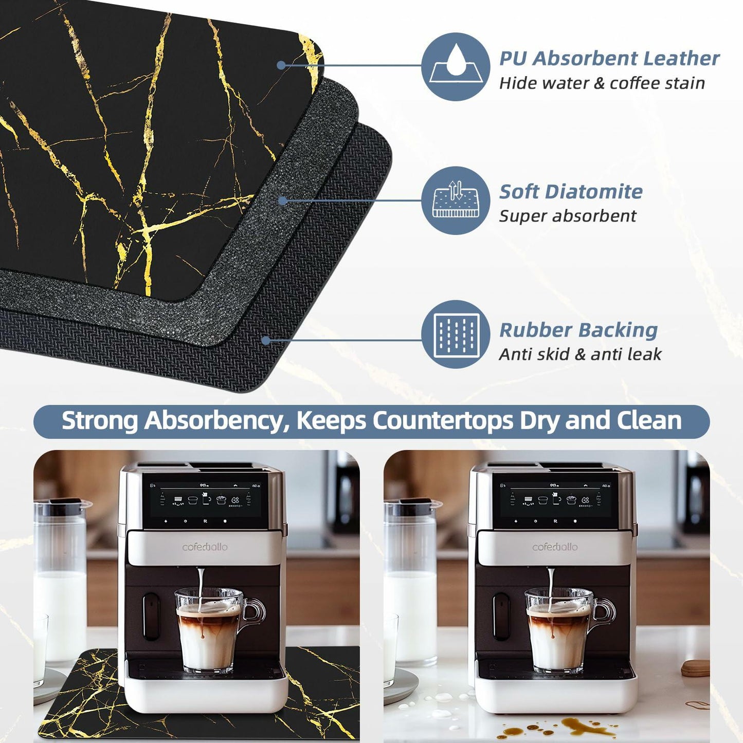 MEWOOCUE Leather Diatomite Dish Drying Mat Large 12x20 Kitchen Coffee Mat