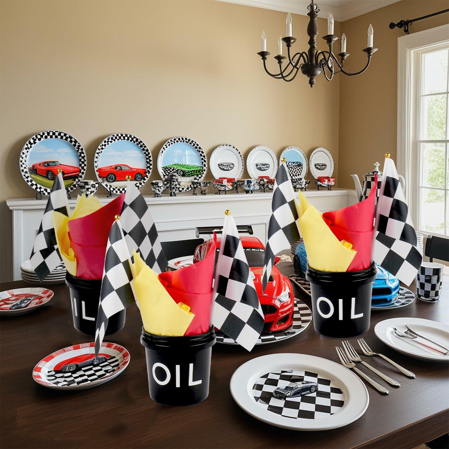 [Like New] HFYZZ Racing Table Centerpieces Set of 8 with Flags Buckets Stickers