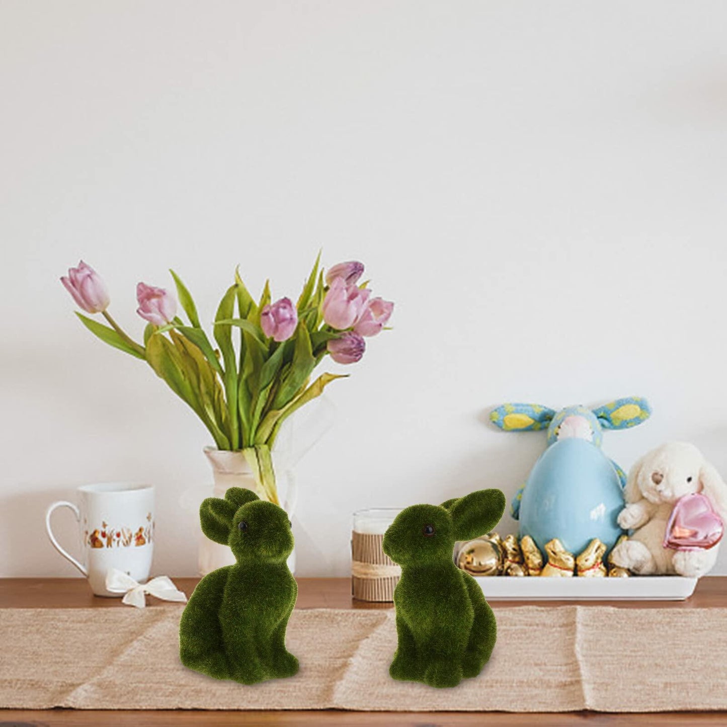 [Like New] WINOMO Easter Bunny Figurine Sculpture Green 2Pcs Flocked Rabbit Decor