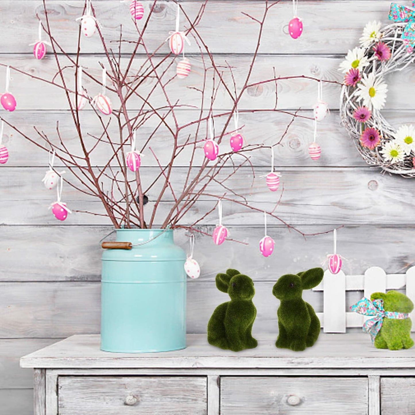 [Like New] WINOMO Easter Bunny Figurine Sculpture Green 2Pcs Flocked Rabbit Decor