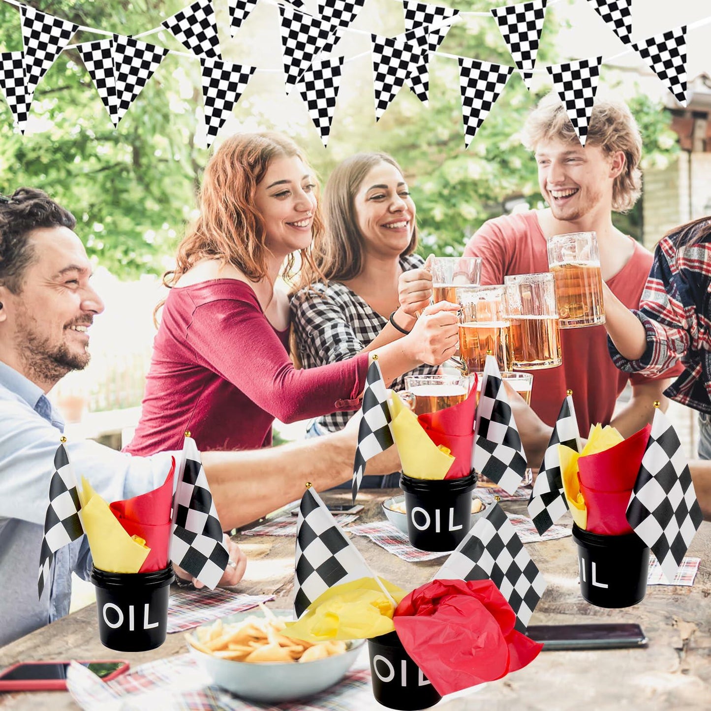 [Like New] HFYZZ Racing Table Centerpieces Set of 8 with Flags Buckets Stickers