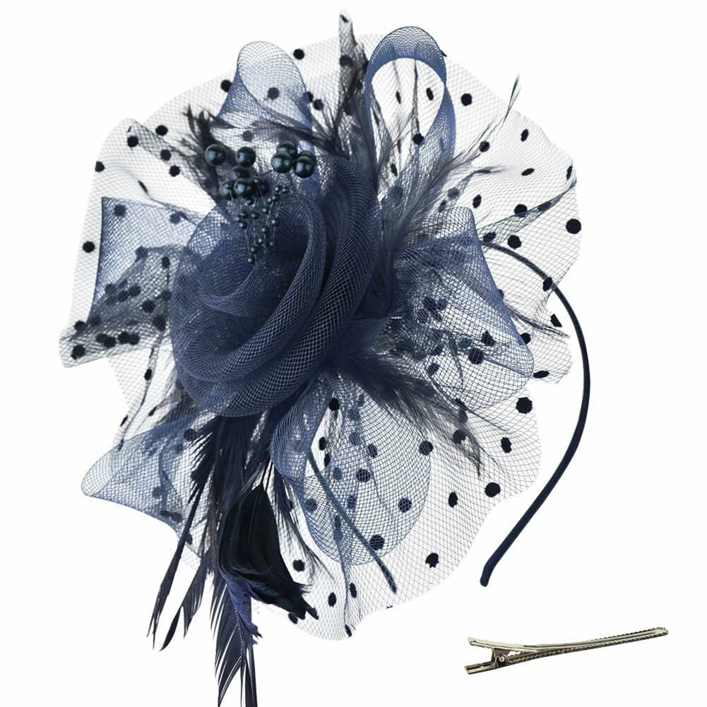SHUERIET Women Feather Veil Floral Headband Hat Navy