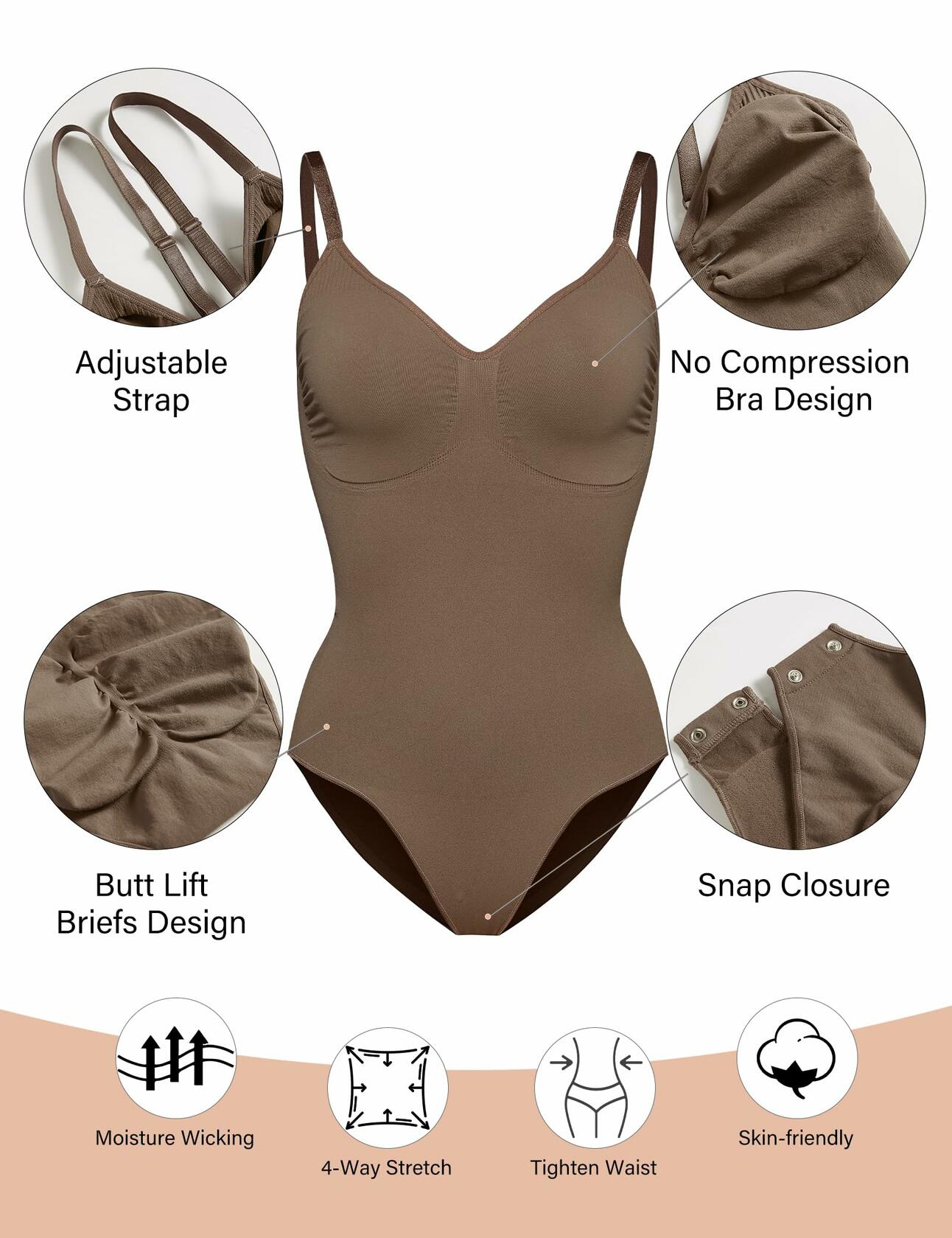 Homma Tummy Control Seamless Shapewear Bodysuit Coffee Size S