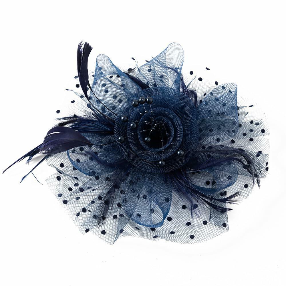 SHUERIET Women Feather Veil Floral Headband Hat Navy