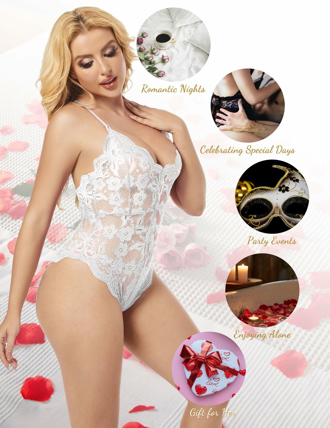POUPUA Lace Teddy Lingerie for Women Snap Crotch Deep V Bodysuit Babydoll