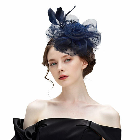 SHUERIET Women Feather Veil Floral Headband Hat Navy