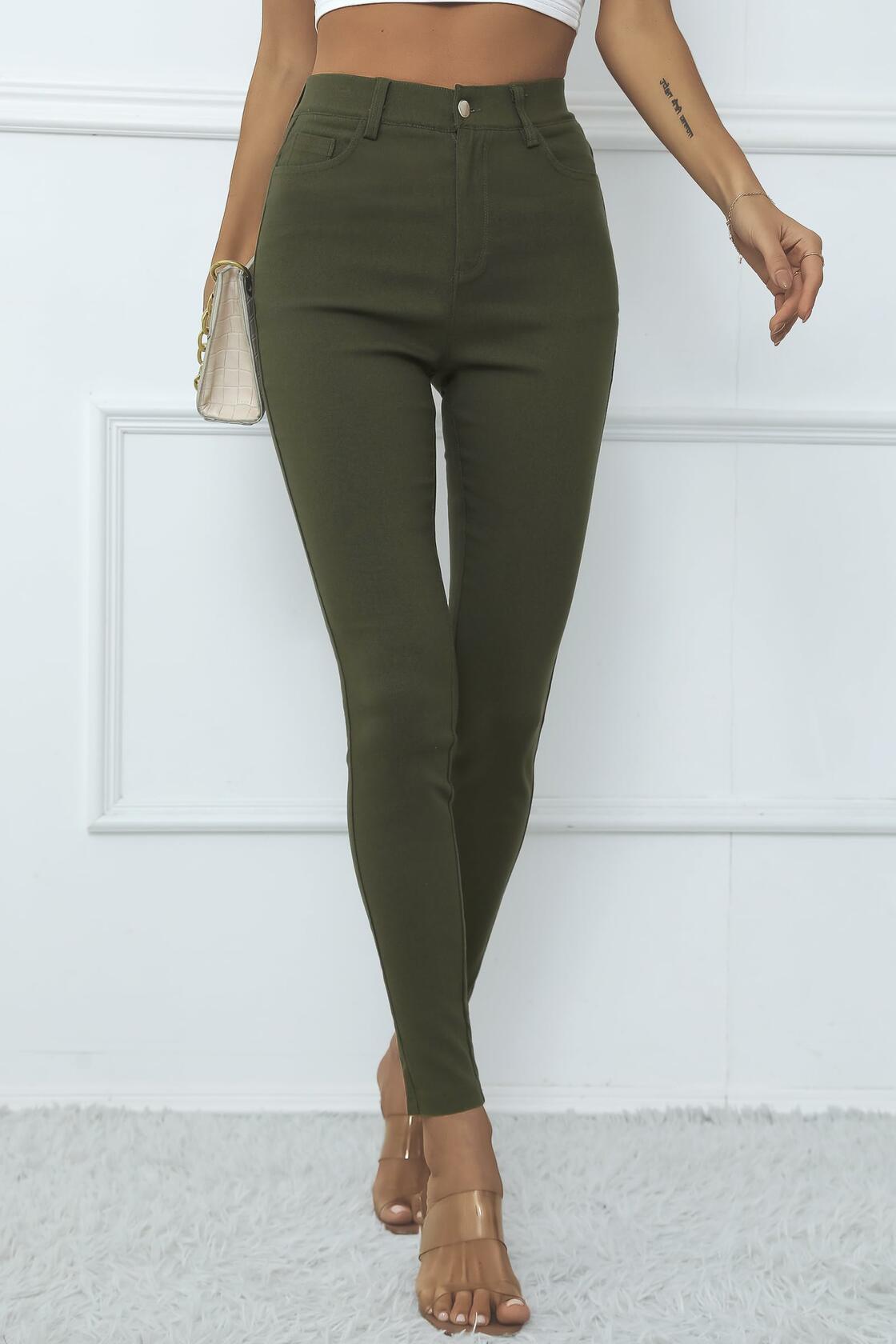 levaca Womens High Waisted Skinny Jeggings Pants with Pockets Army Green Size S