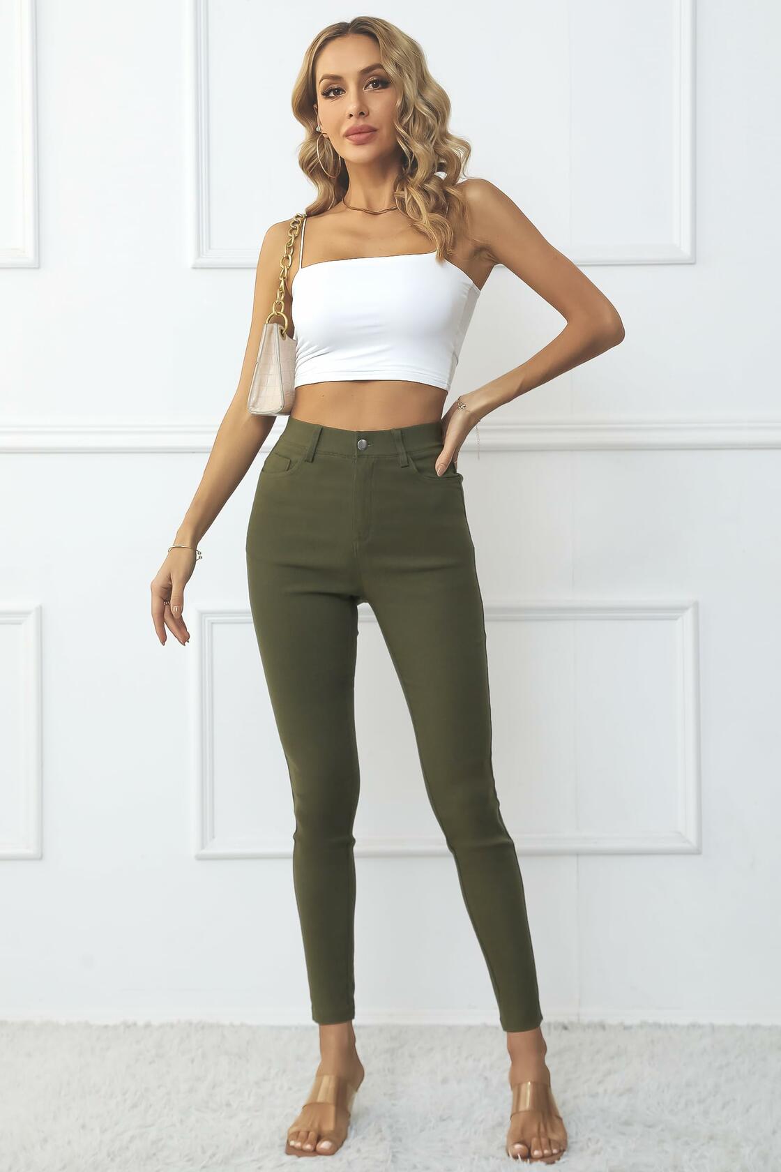 levaca Womens High Waisted Skinny Jeggings Pants with Pockets Army Green Size S