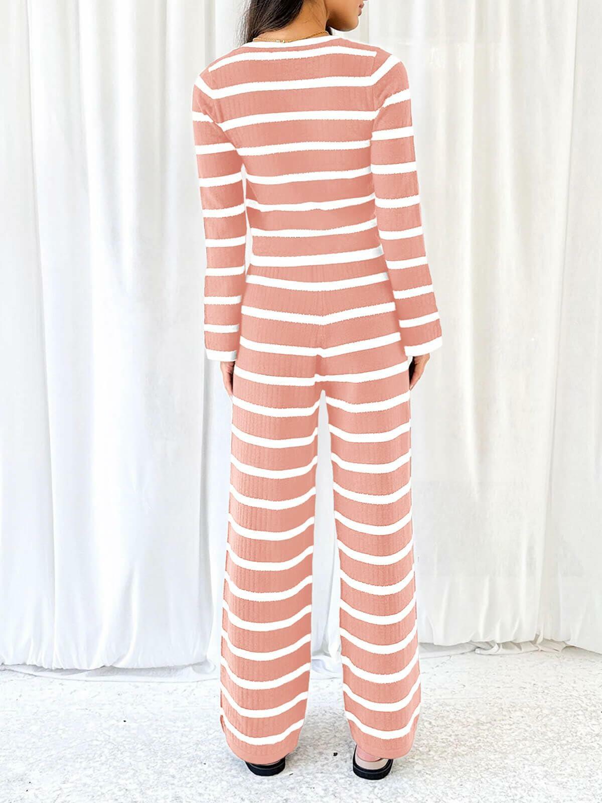 Tankaneo Womens Tie Front Striped Knit Lounge Set Pink Size S
