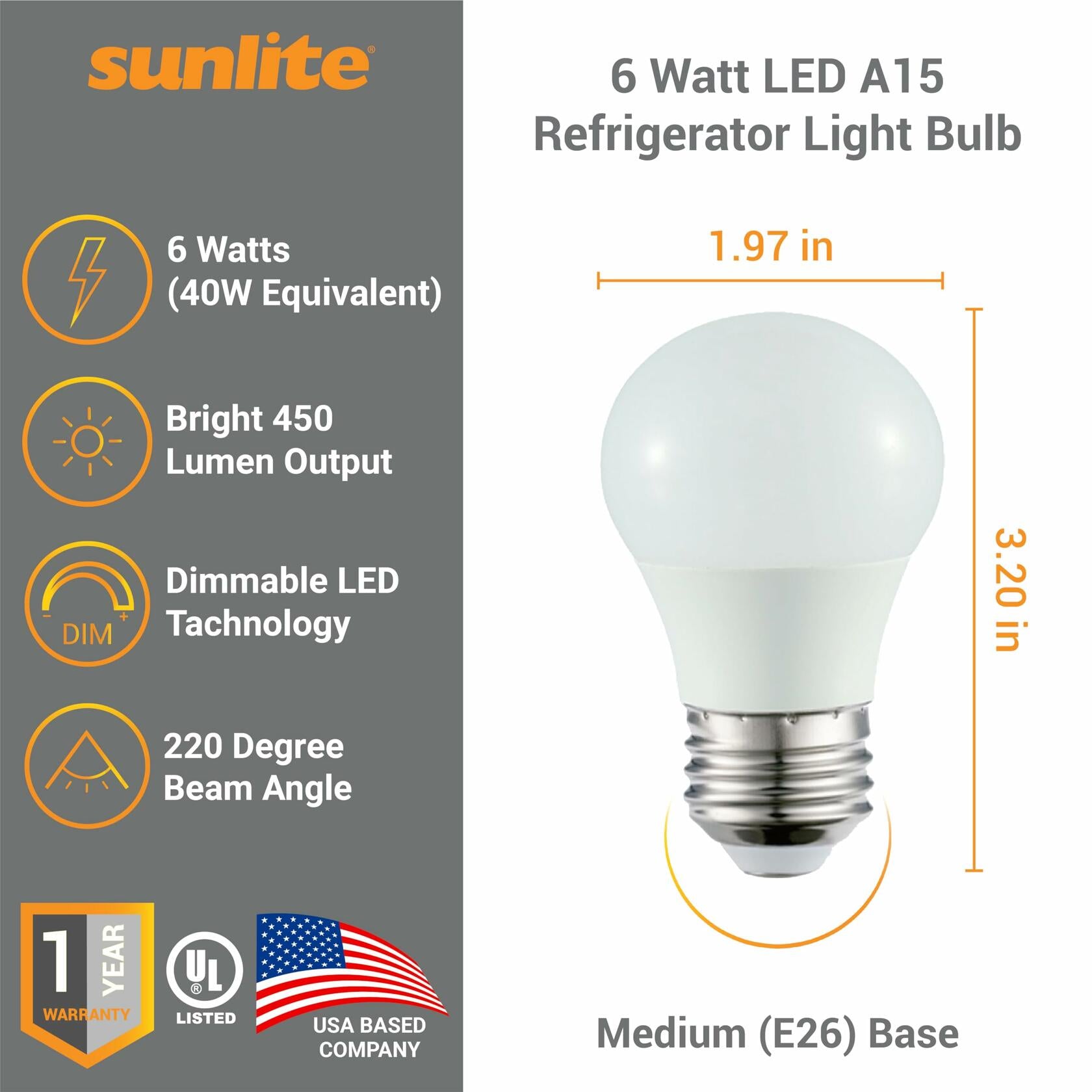 Sunlite LED A15 Refrigerator Bulb 6W 450 Lumens E26 Dimmable Frosted 5000K 1Pack