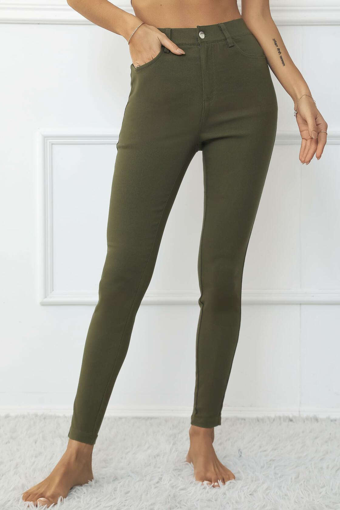 levaca Womens High Waisted Skinny Jeggings Pants with Pockets Army Green Size S