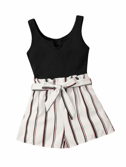 Girl's Sleeveless Notch Neck Belted Romper Striped Rib Knit Black White Size 8Y