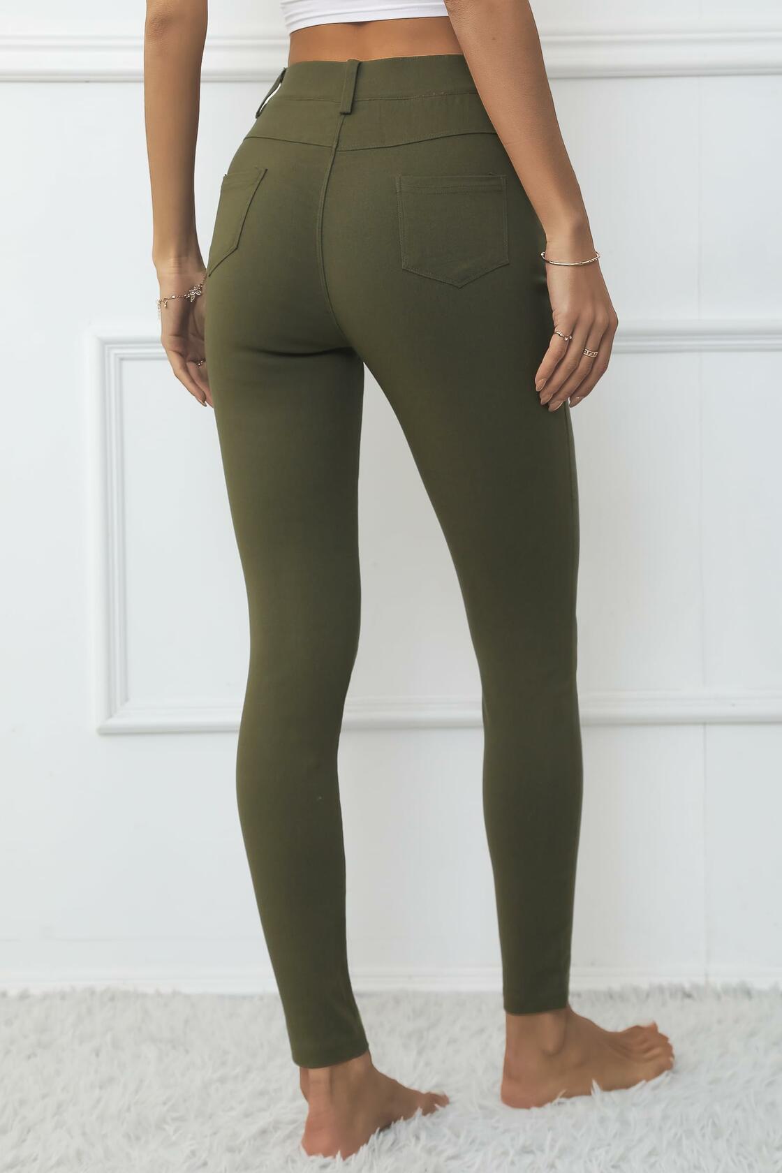 levaca Womens High Waisted Skinny Jeggings Pants with Pockets Army Green Size S