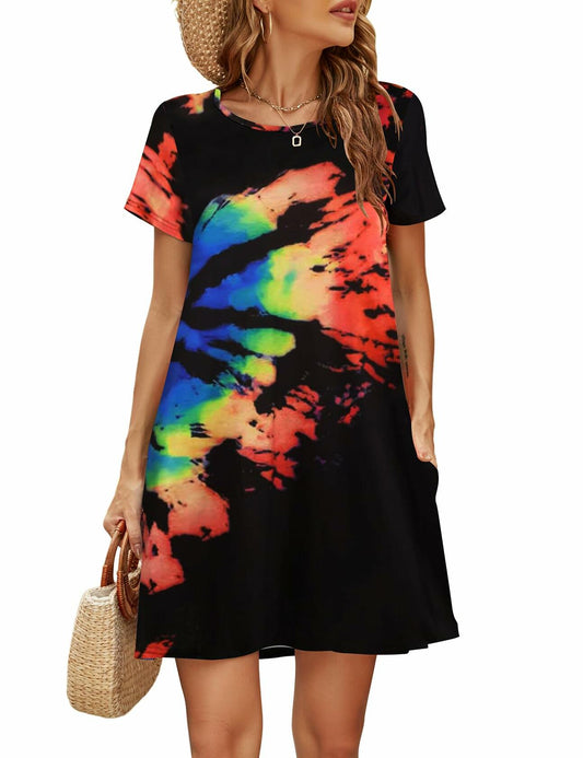 Halife Women's Casual Summer Short Sleeve Colorful Beach Dress Size S