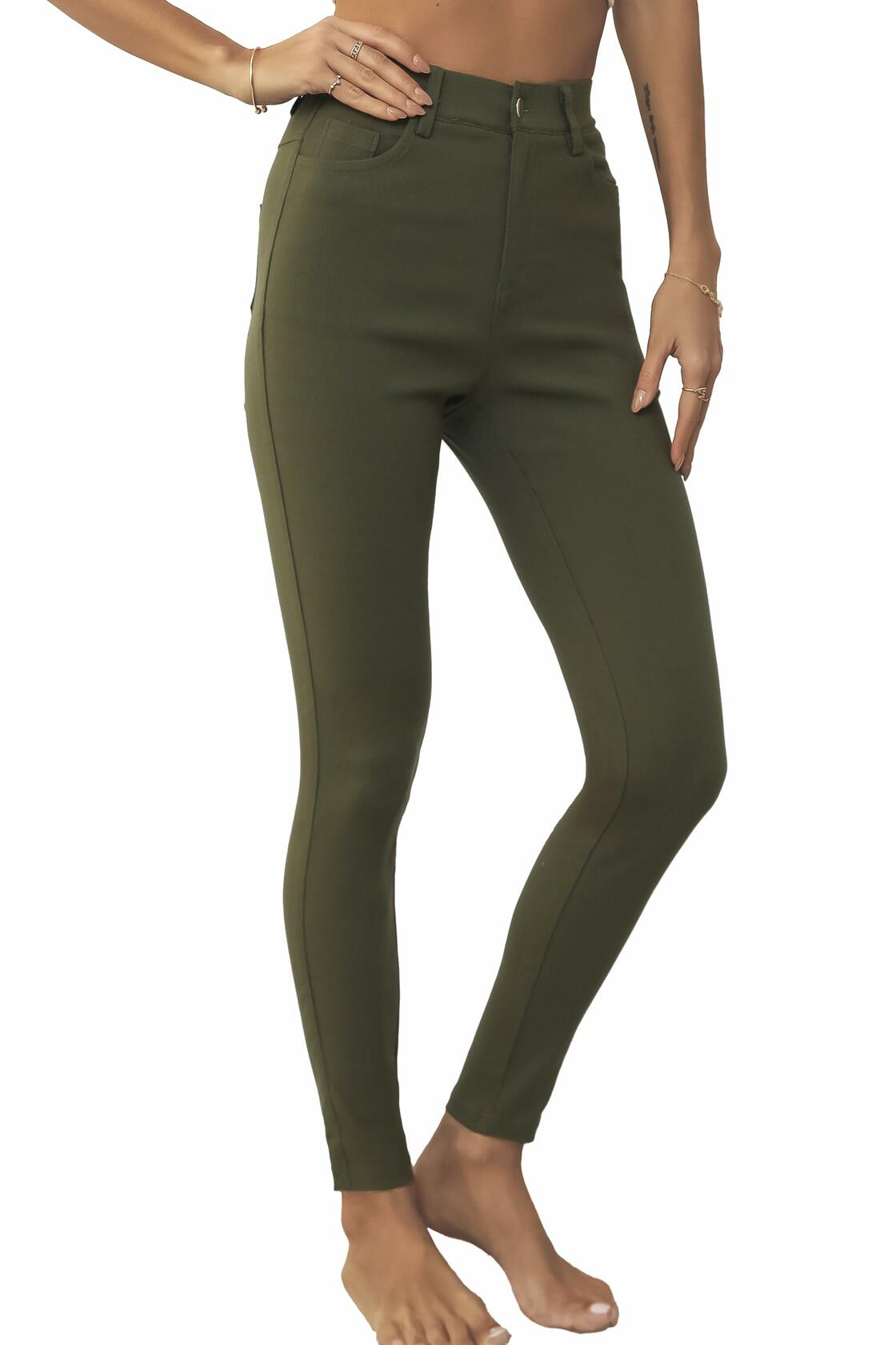 levaca Womens High Waisted Skinny Jeggings Pants with Pockets Army Green Size S