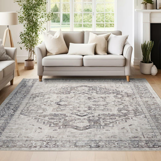jinchan Area Rug 4x6 Washable Vintage Floral Non Slip Indoor Greige