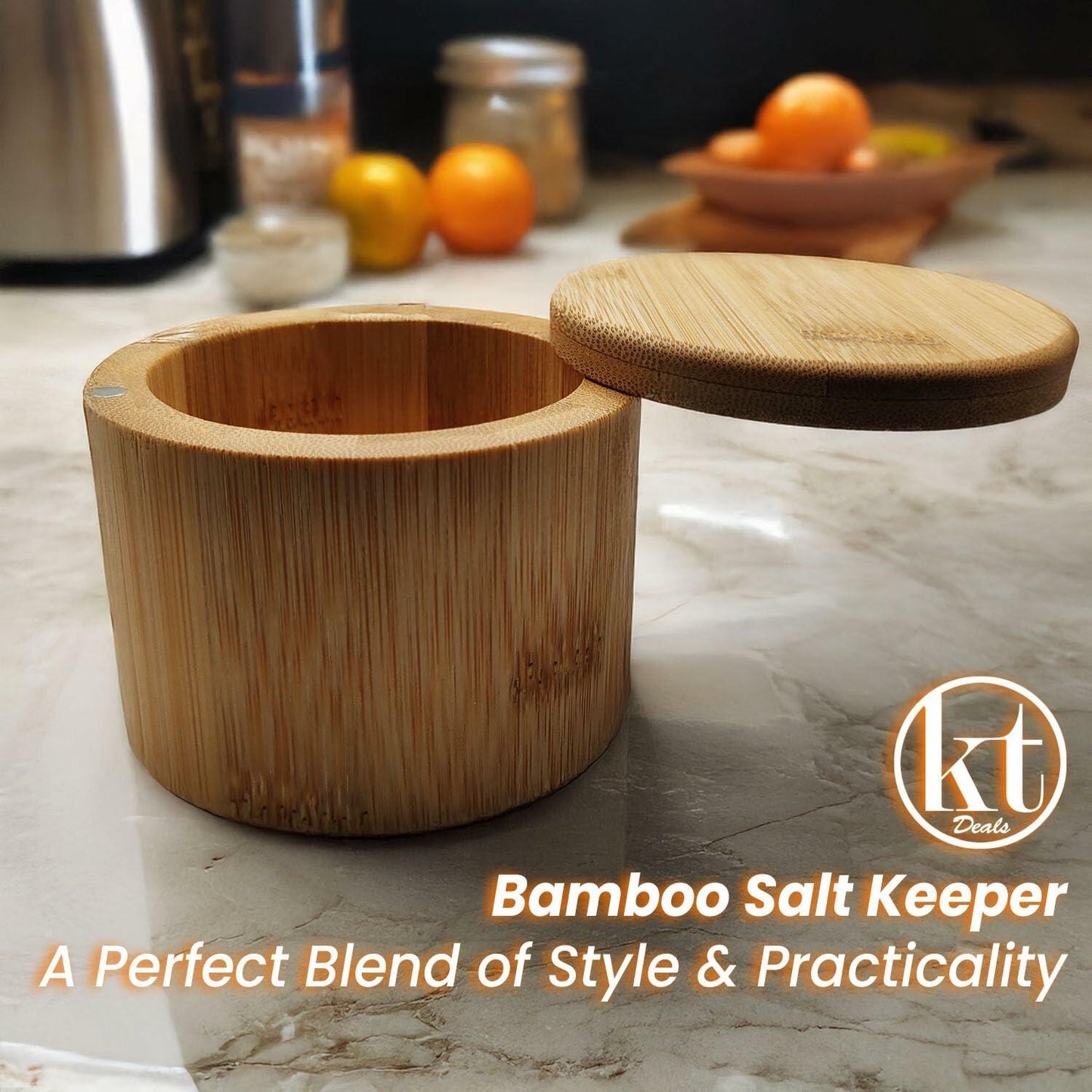 [Like New] Salt Cellar Bamboo Storage Box Magnetic Swivel Lid Small Wooden Jar 3.5in