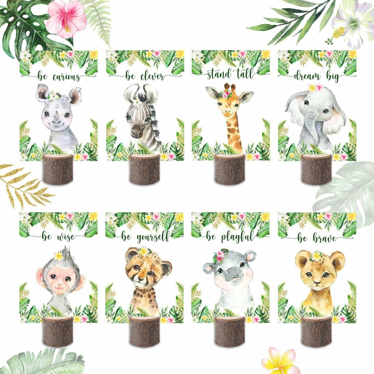 16Pcs Pink Jungle Safari Baby Shower Centerpieces with Wooden Stands