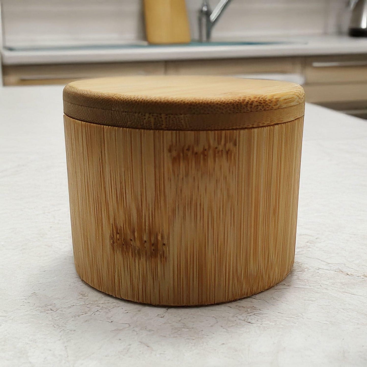 [Like New] Salt Cellar Bamboo Storage Box Magnetic Swivel Lid Small Wooden Jar 3.5in