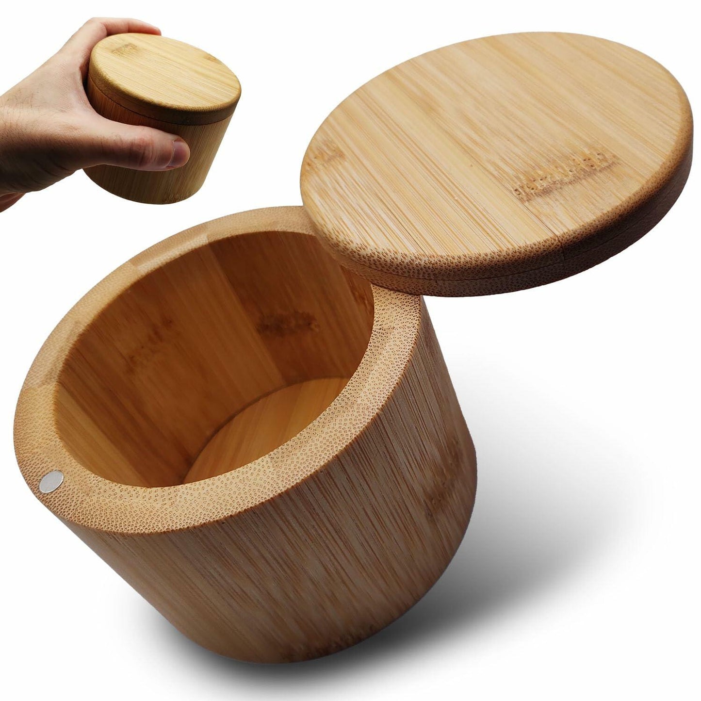 [Like New] Salt Cellar Bamboo Storage Box Magnetic Swivel Lid Small Wooden Jar 3.5in