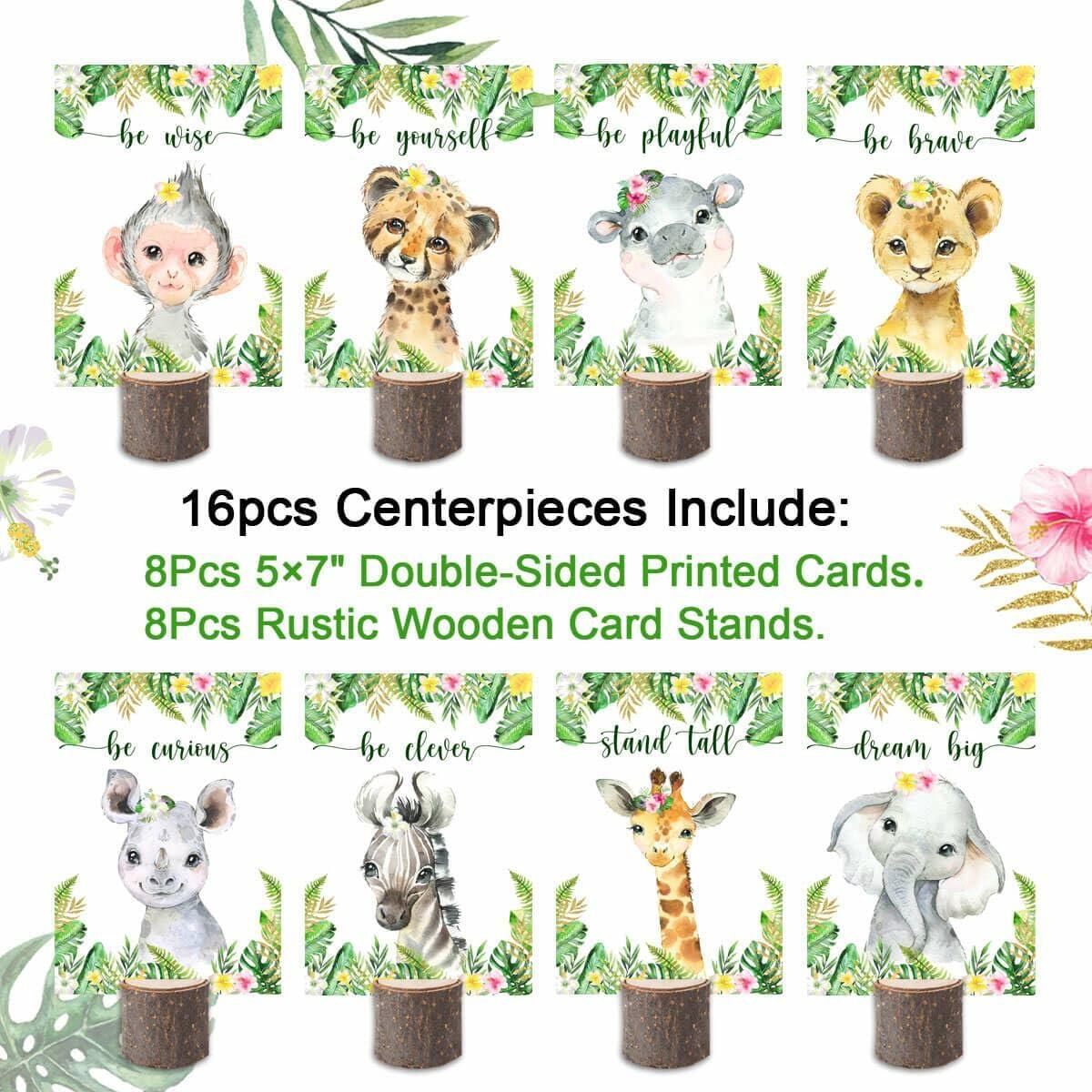 16Pcs Pink Jungle Safari Baby Shower Centerpieces with Wooden Stands