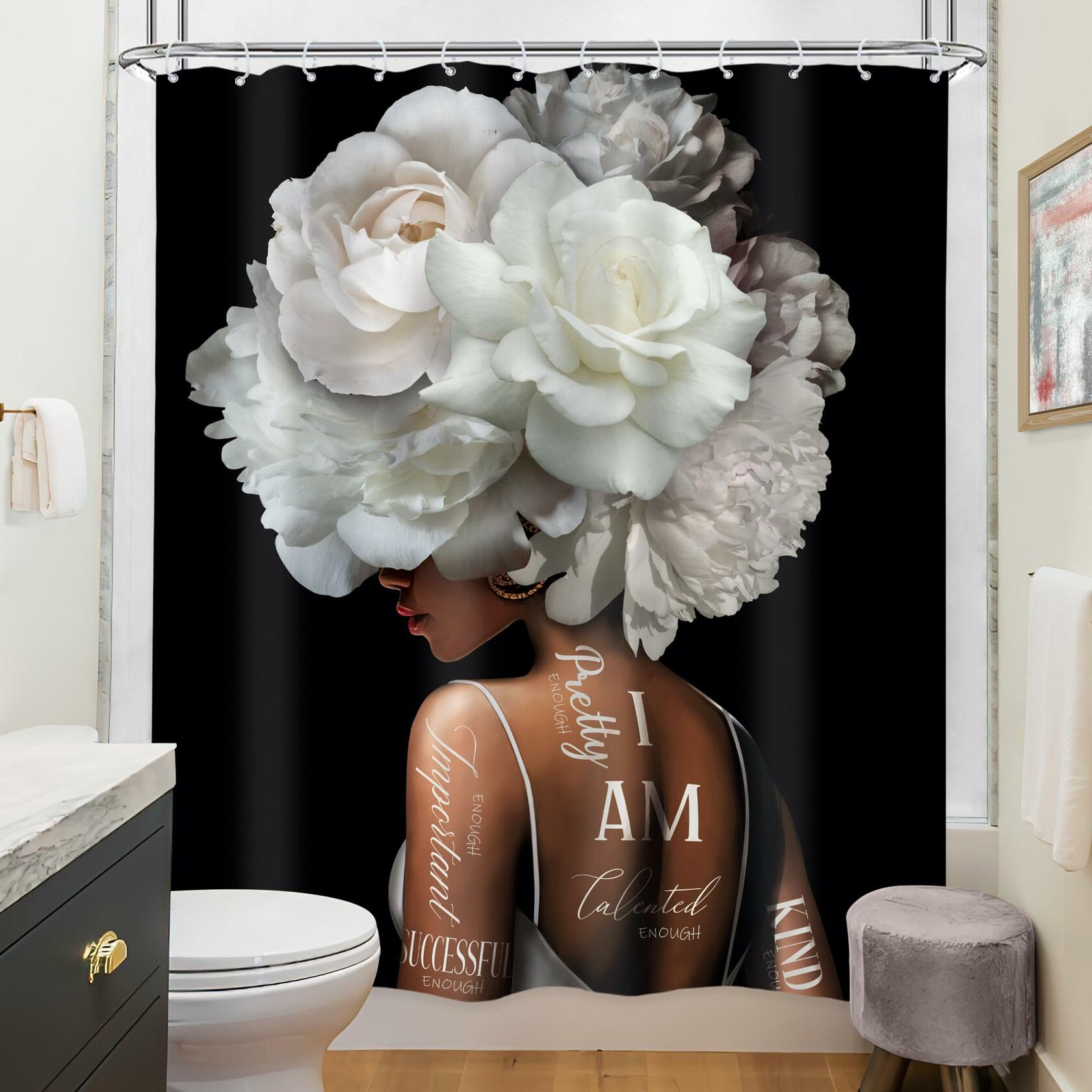 Riyidecor African American Shower Curtain 72x72 White Peony Floral 12 Hooks