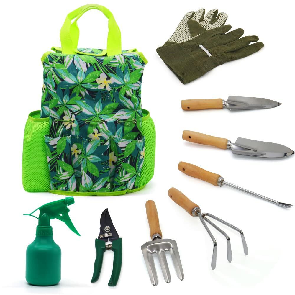[Like New] 9-Piece Garden Tools Set with Gloves and Colorful Tote - Gardening Kit